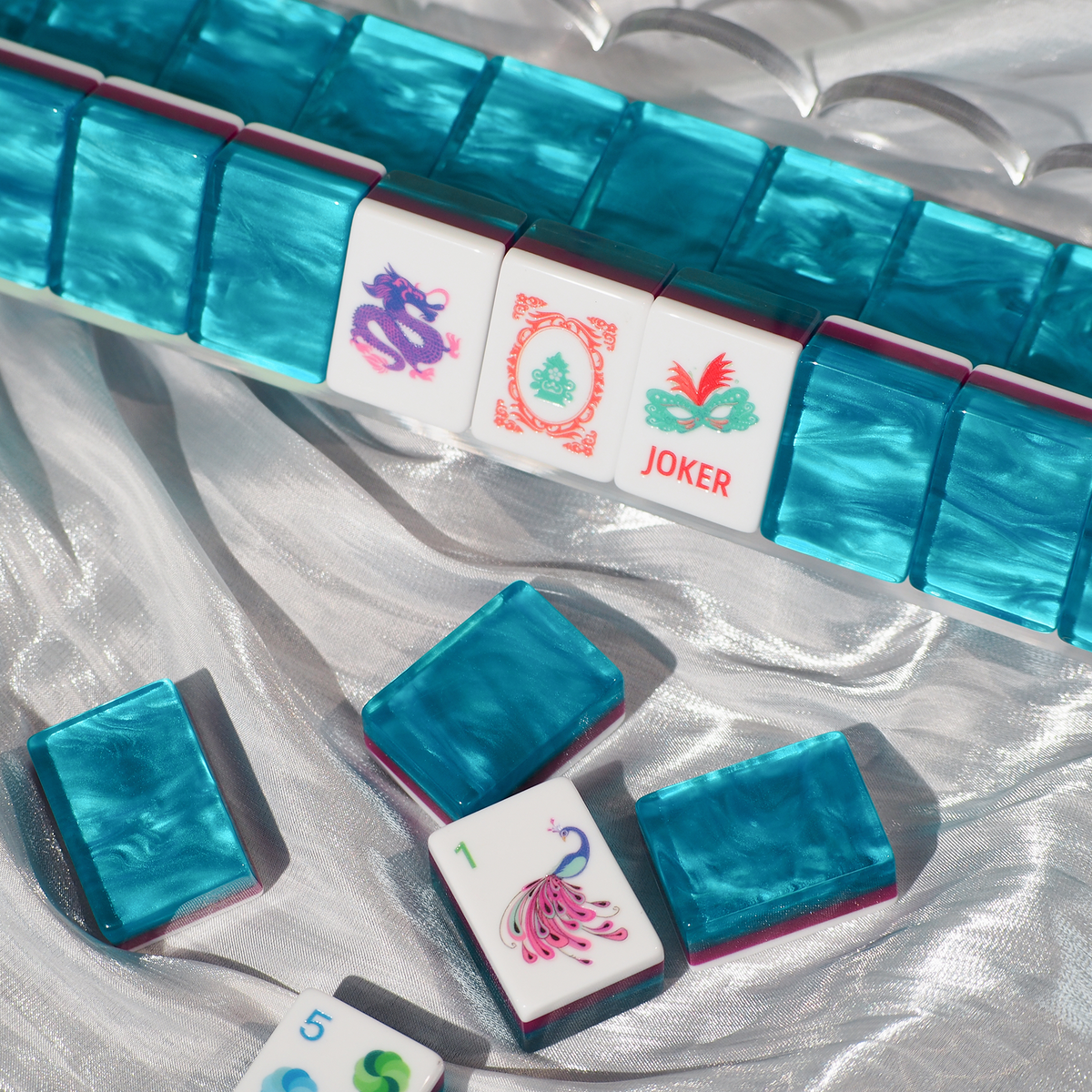 PANDATIME Jade Bloom Mahjong Set - Sapphire Blue