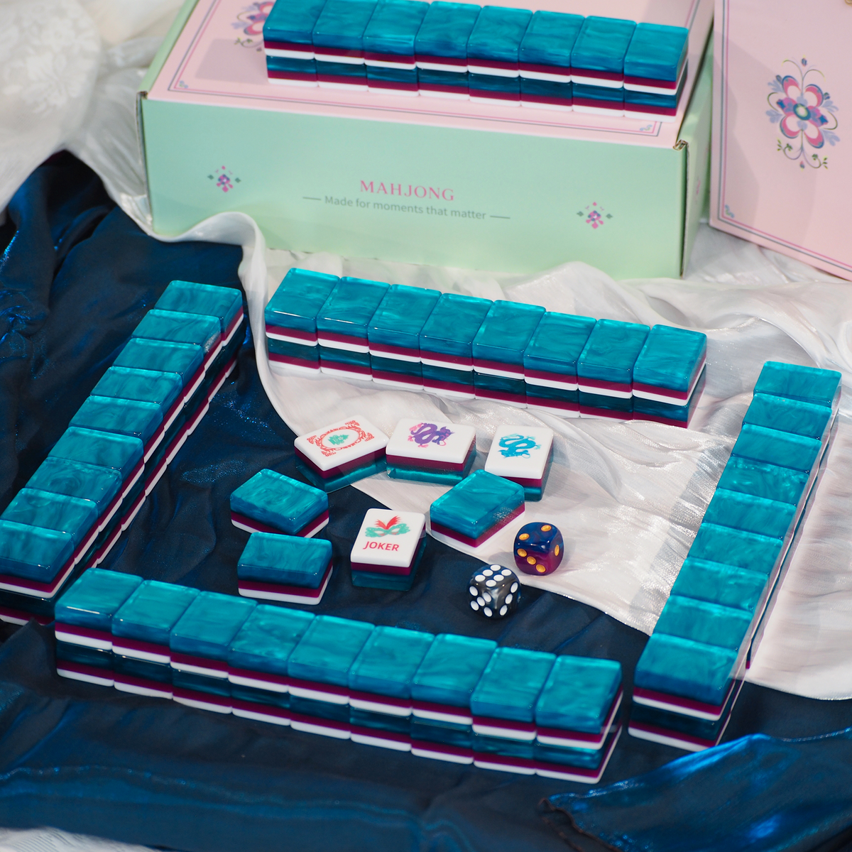 PANDATIME Jade Bloom Mahjong Set - Sapphire Blue