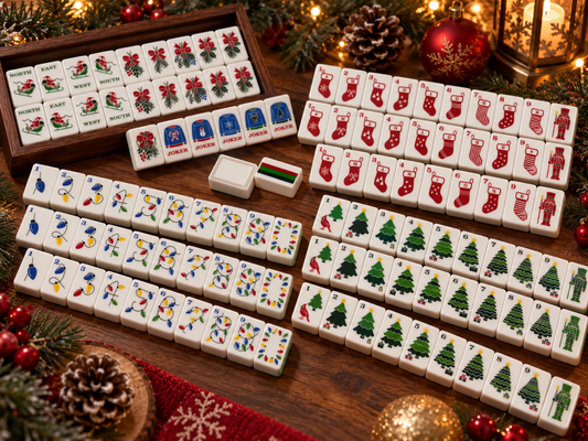 Christmas Holiday American Mahjong Set – Festive Santa, Stocking, Christmas Tree & Light Bulb Design