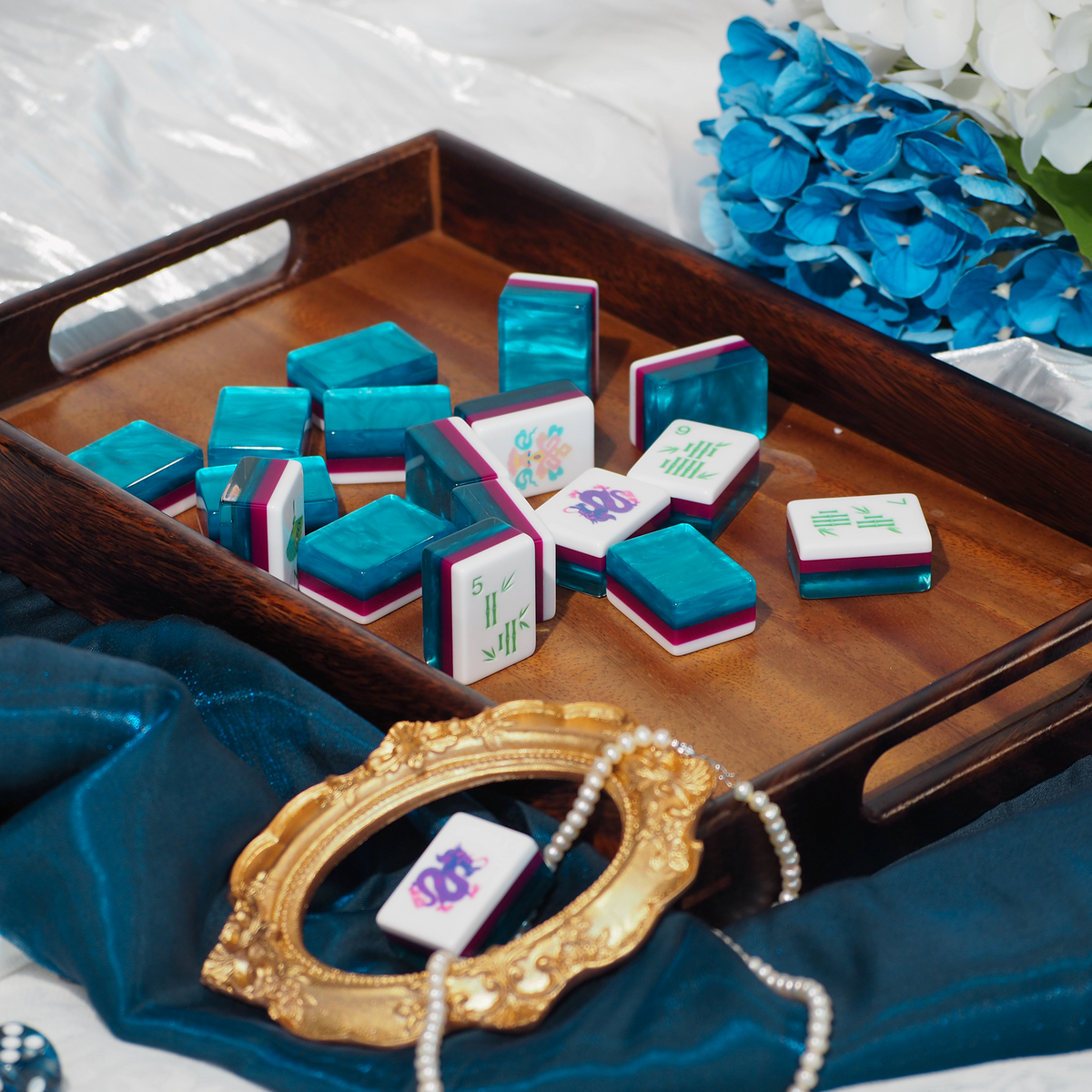 PANDATIME Jade Bloom Mahjong Set - Sapphire Blue