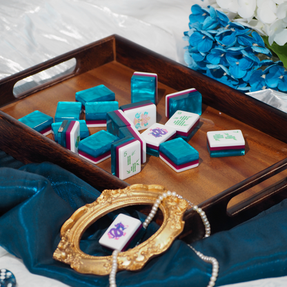 PANDATIME Jade Bloom Mahjong Set - Sapphire Blue
