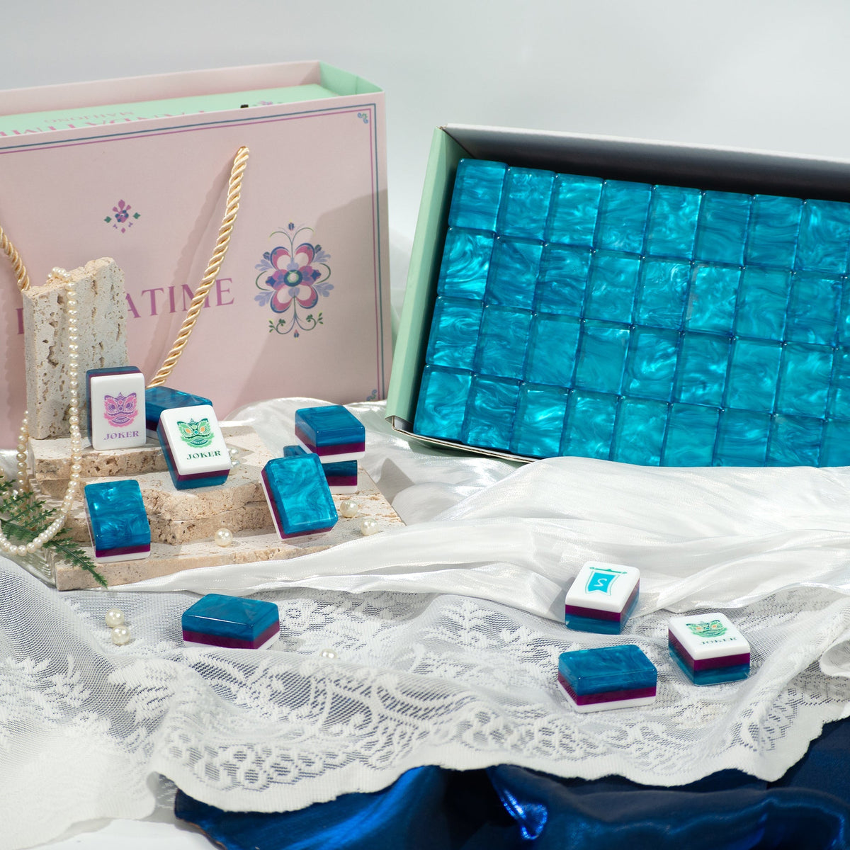 PANDATIME Garden Party Mahjong Set - Sapphire Blue